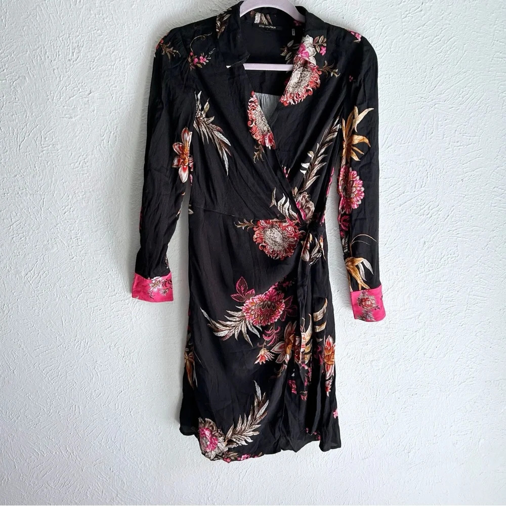 Kobi Halperin Monika Floral Print Faux Wrap Dress Black Sz Small